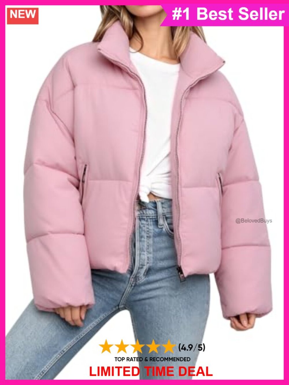Cropped Puffer Jacket Quilted Warm Coat with Pockets